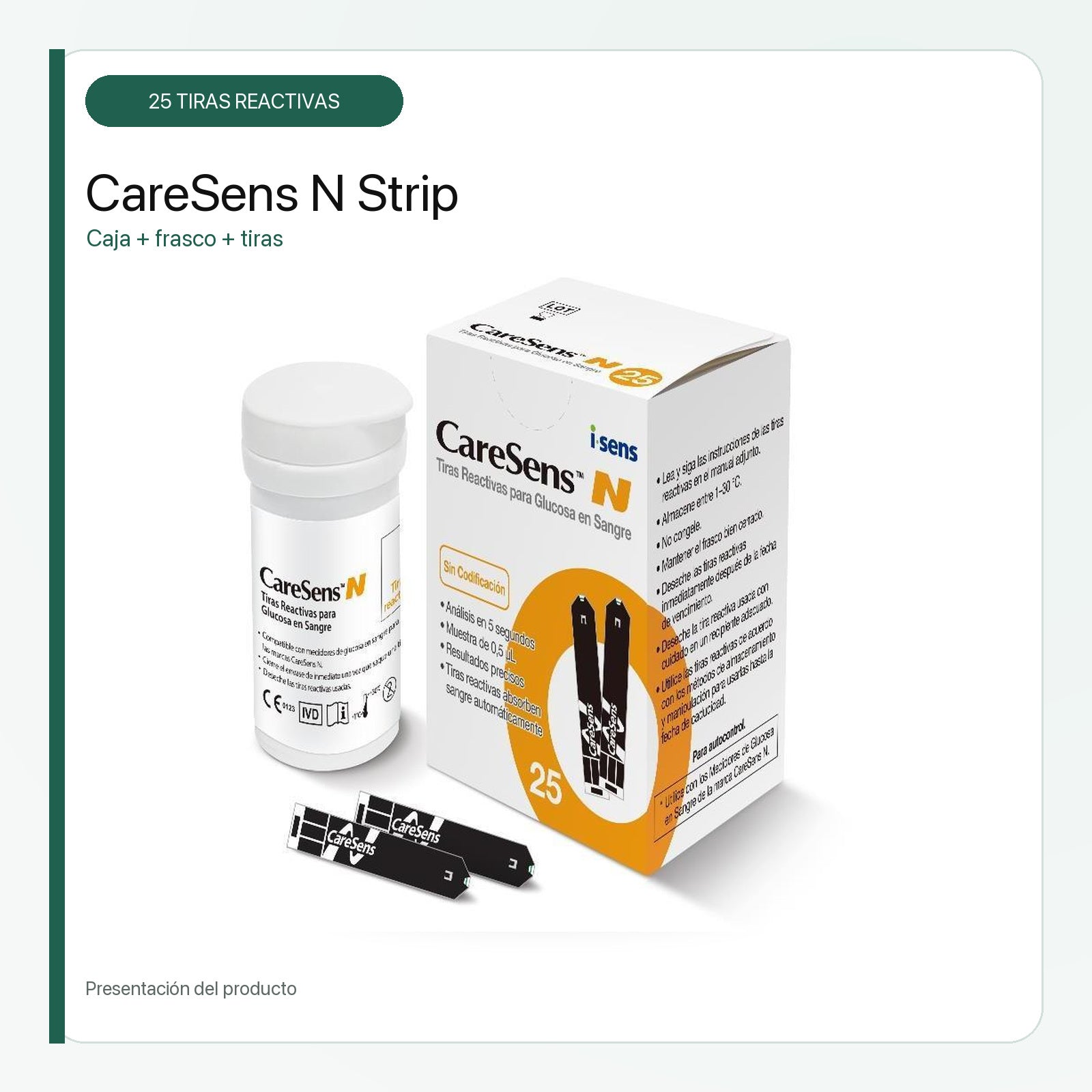 Tiras Reactivas CareSens N para Medición de Glucosa – 25 Unidades